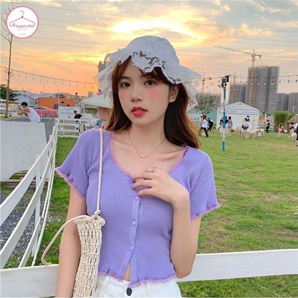 Áo croptop cài cúc thun gân