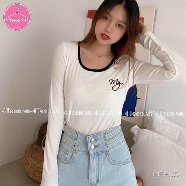 Áo croptop tay dài viền cổ