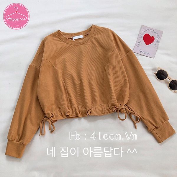 Áo thun croptop nữ tay dài dây rút eo