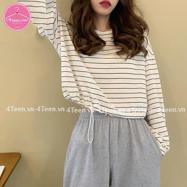 Áo thun nữ sọc nhỏ tay dài rút eo cá tính