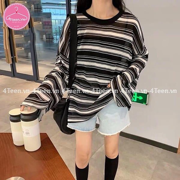 Áo thun mỏng tay dài kẻ sọc ngang nhiều màu ulzza