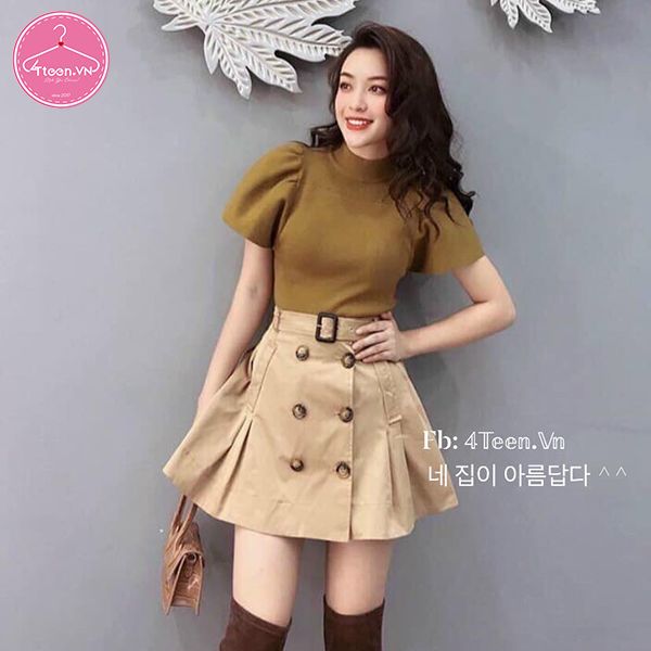 Áo croptop ôm body cổ cao tay phồng