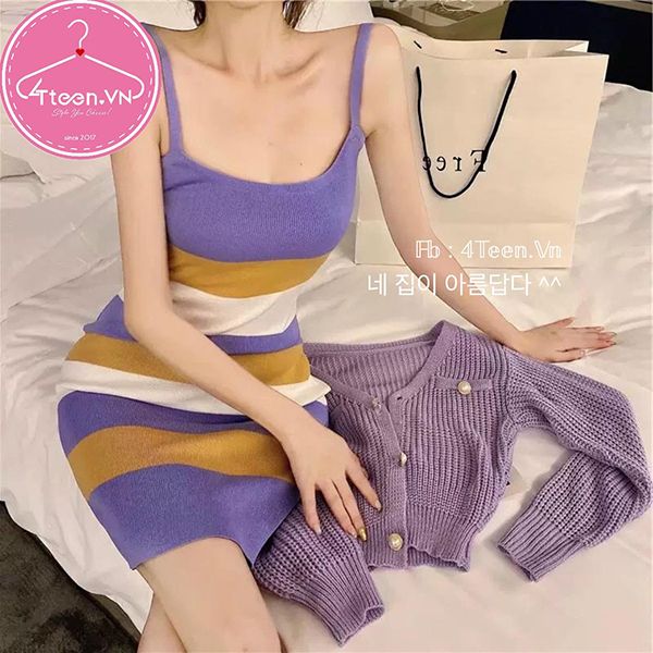 Set váy 2 dây body 7 sắc cầu vòng kết hợp áo khoác croptop cực xinh