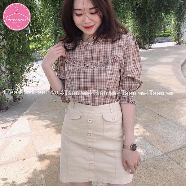 Áo sơ mi kiểu caro viền cổ tay dài