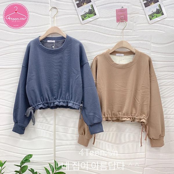 Áo croptop nỉ lót lông cừu dây rút eo