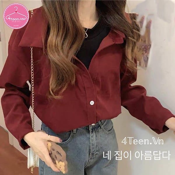 Set nữ áo thun kết hợp sơ mi nhung ngoài