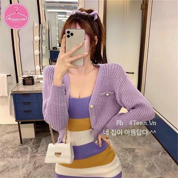 Set váy 2 dây body 7 sắc cầu vòng kết hợp áo khoác croptop cực xinh