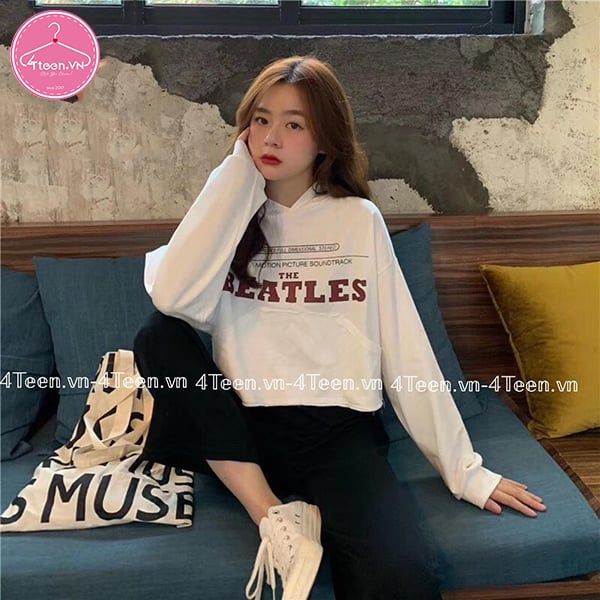 Áo hoodie croptop nữ tay dài in họa tiết