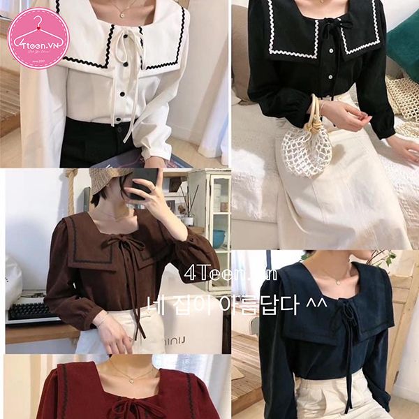 Áo sơ mi kiểu tay dài cổ vuông nhún bèo Ulzzang
