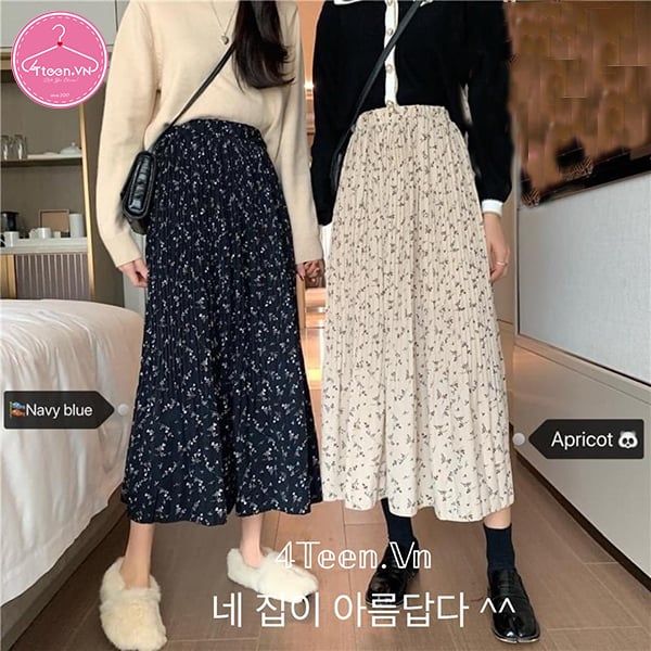 Chân váy xếp ly dài hoa nhí