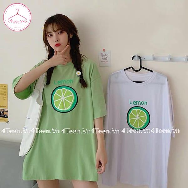 Áo thun tay lỡ form rộng họa tiết quả chanh