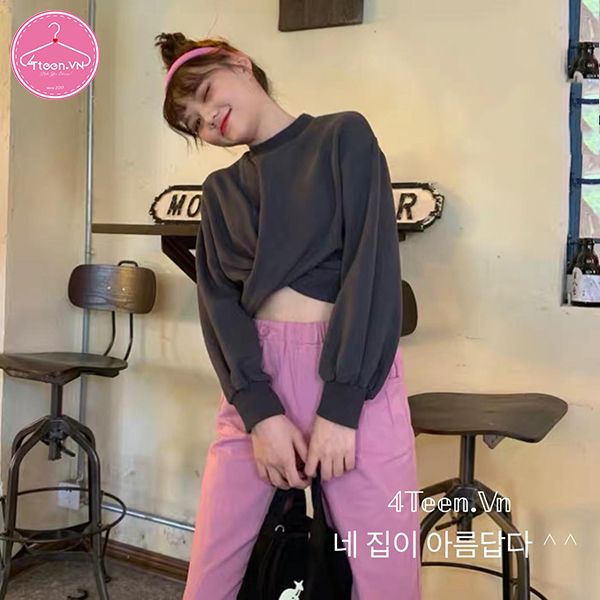 Áo croptop tay dài xoắn eo thu đông Ulzzang