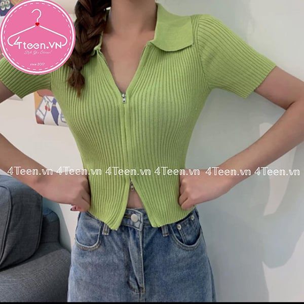 Áo croptop cổ gập khóa kéo 2 đầu