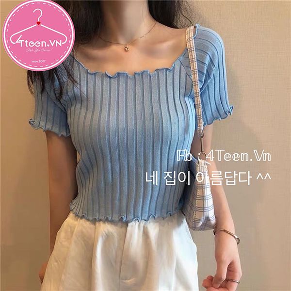 Áo croptop len tăm cổ nhún bèo