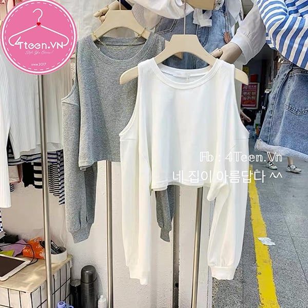 Áo croptop tay dài dáng rộng khoét vai độc đáo