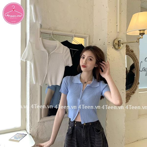 Áo croptop cổ gập khóa kéo 2 đầu