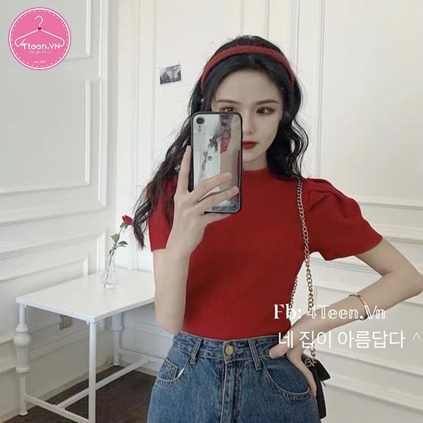 Áo croptop ôm body cổ cao tay phồng