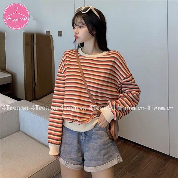 Áo thun nữ sọc bản to tay dài ôm nhẹ