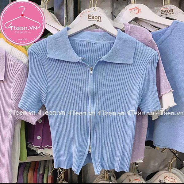 Áo croptop cổ gập khóa kéo 2 đầu