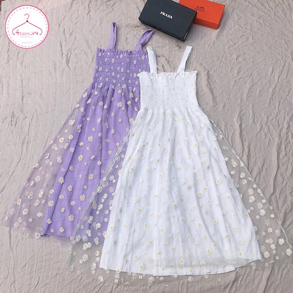 Váy 2 dây xòe lưới hoa cúc dáng dài
