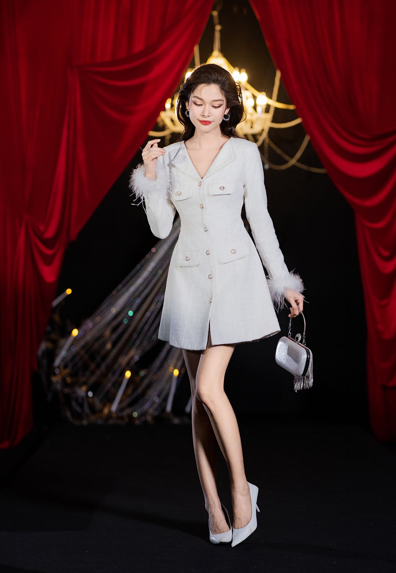 Đầm sơ mi bố tweed phối lông vũ cao cấp -D2928