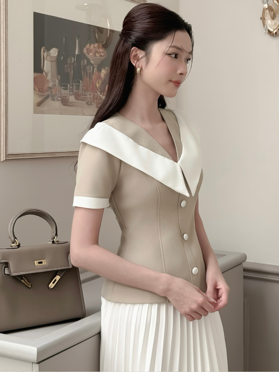 Áo kiểu peplum cổ V vạt trắng - A4107A
