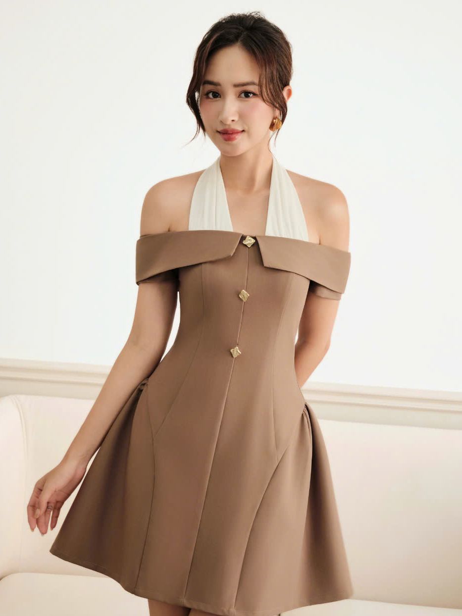 Đầm tiệc ngắn phối dây cổ yếm - D3884B