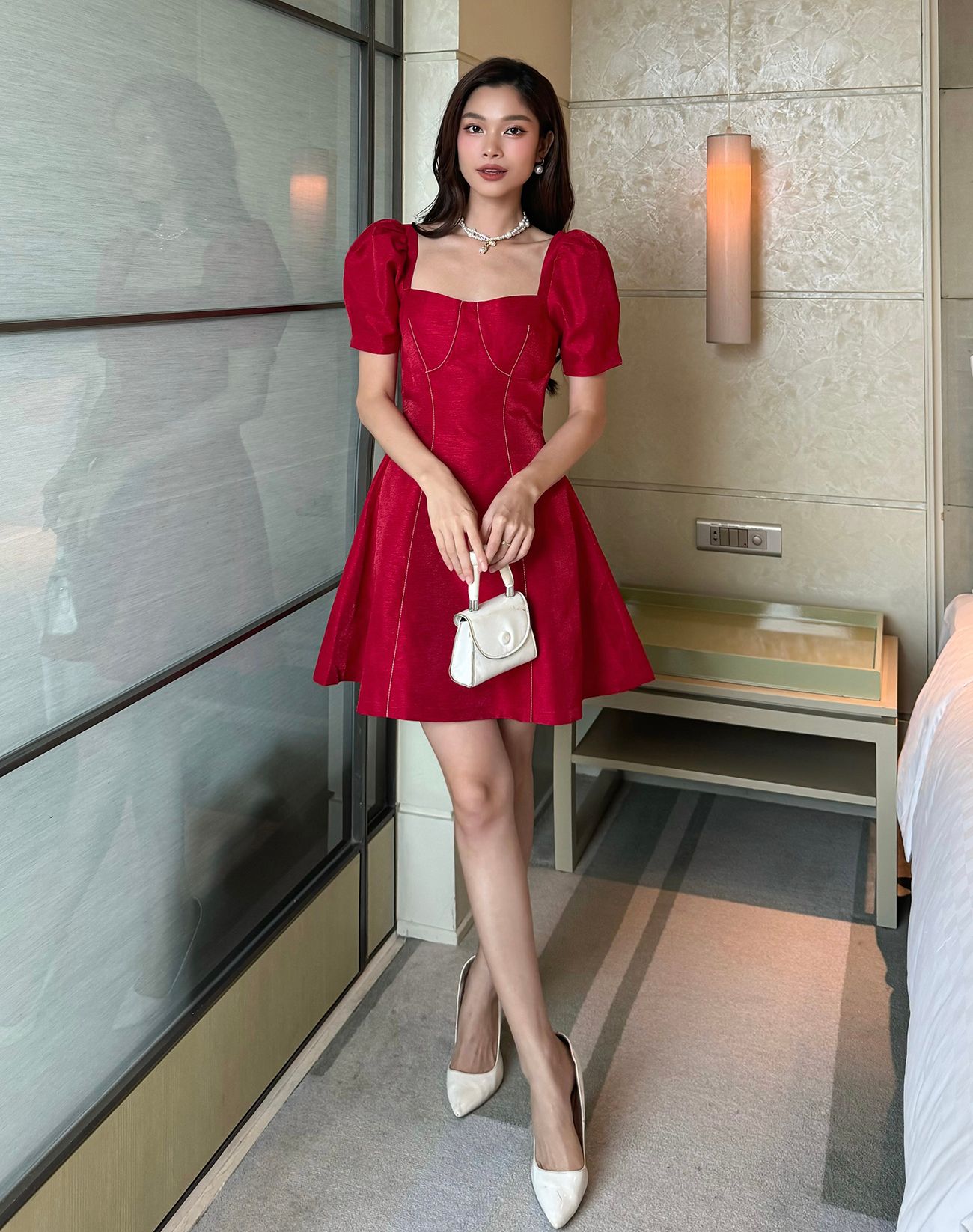 Đầm xòe ngắn viền chỉ cột dây nơ - D2926