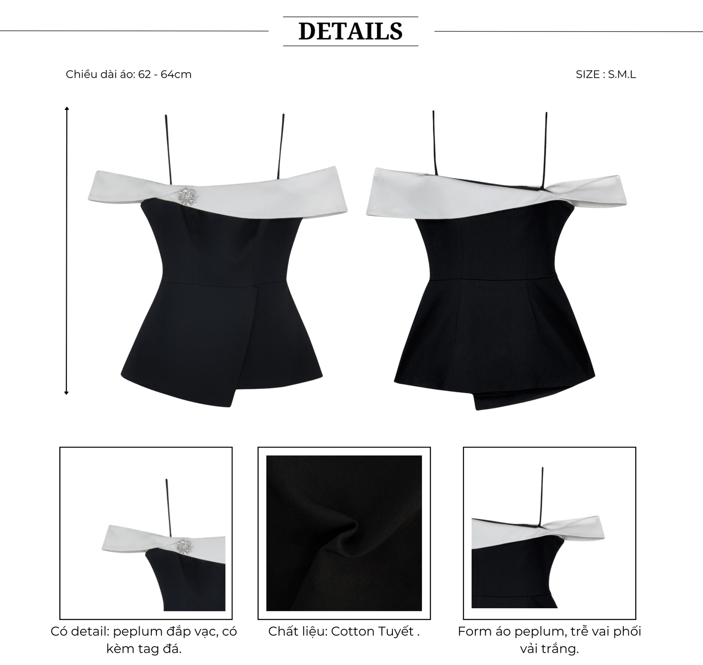 Áo kiểu dự tiệc trễ vai phom peplum kèm tag đá sang trọng chất cotton tuyết-A4222A