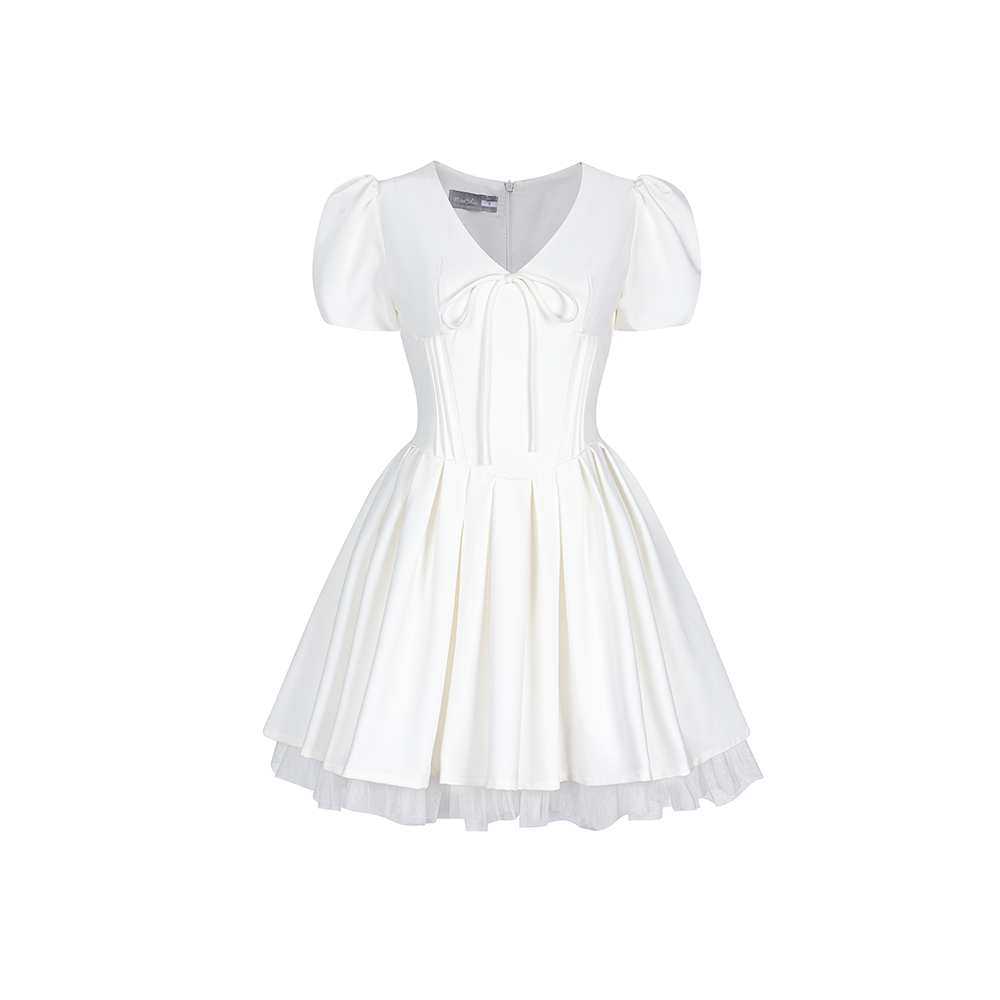 Đầm ngắn cổ V tay phồng tùng xếp xoè đứng form chất cotton mịn-D4150B