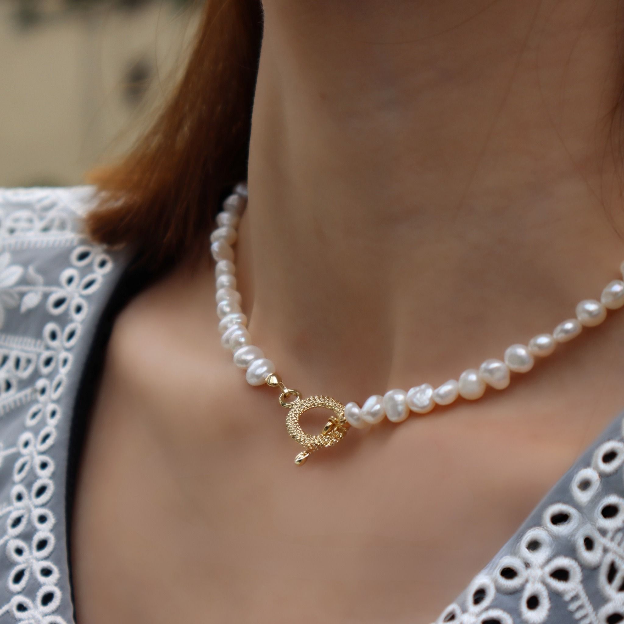 Dây chuyền nữ choker ngọc trai thô nước ngọt-N11