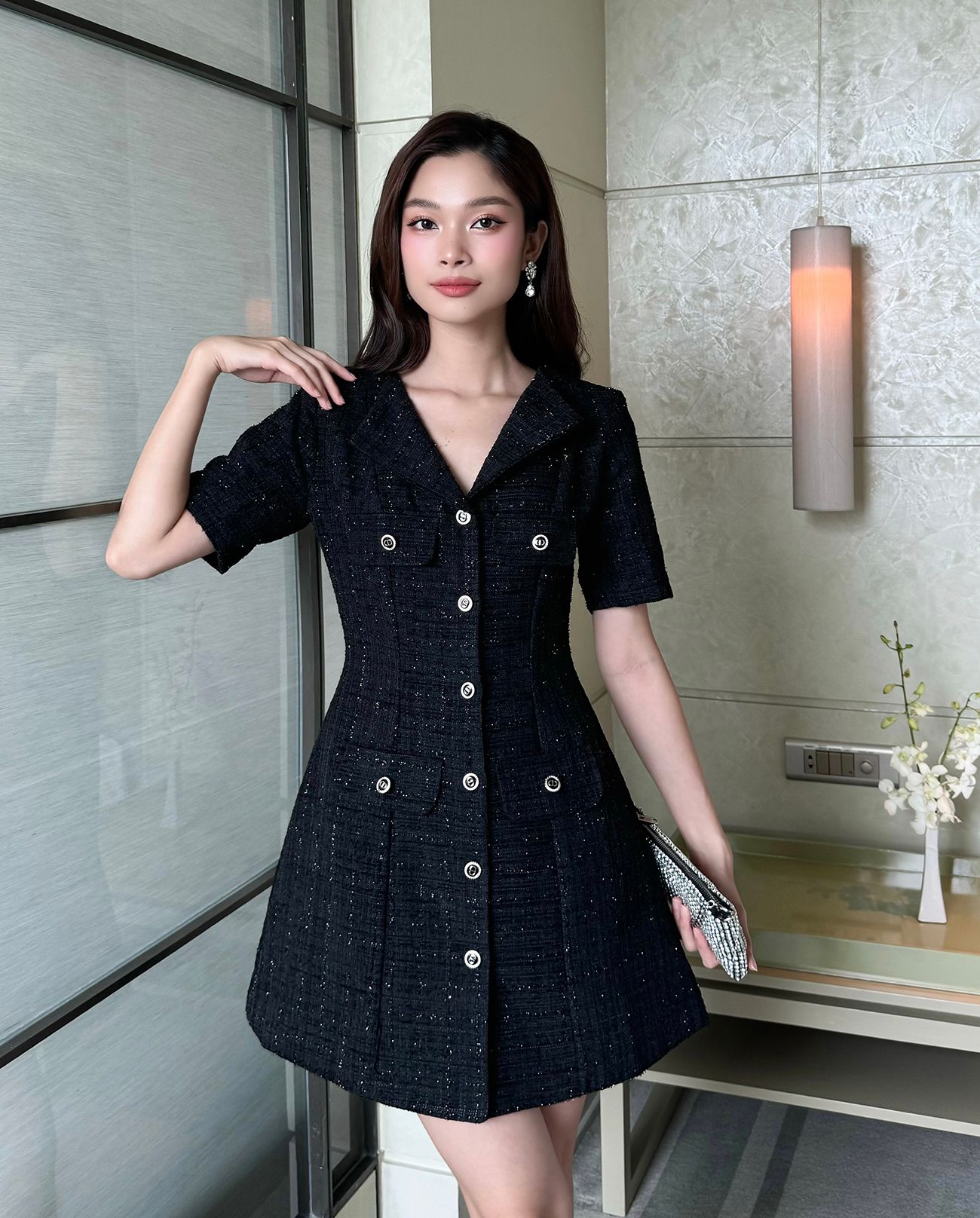 Đầm sơ mi tay ngắn phối nút - D2941