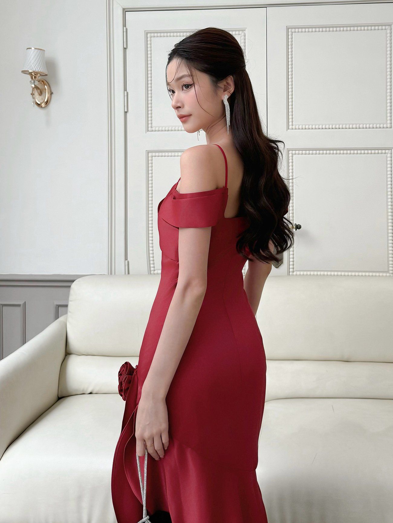 Đầm dự tiệc dài xẻ đùi hoa vải - D4067A