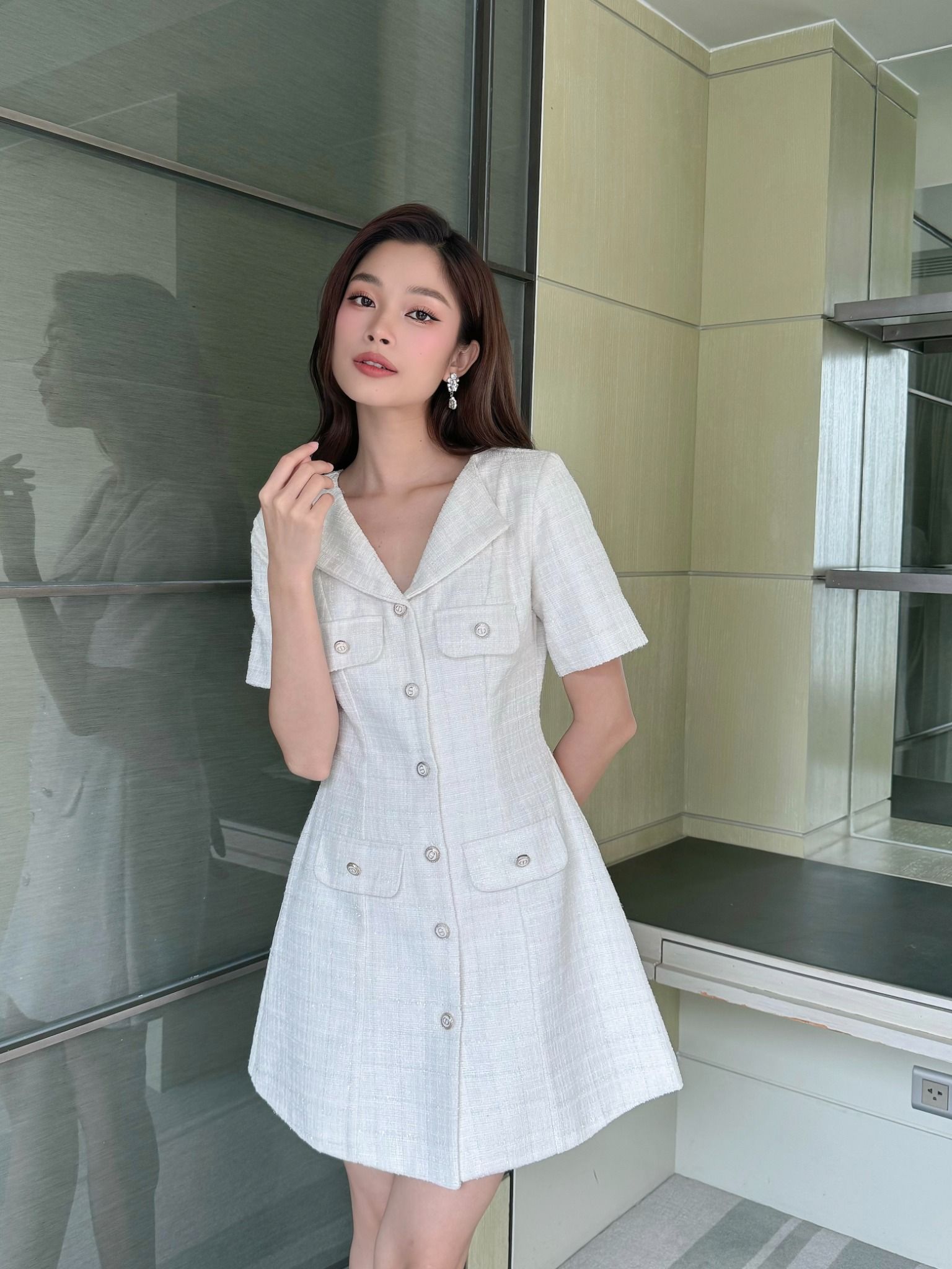 Đầm sơ mi tay ngắn phối nút - D2941
