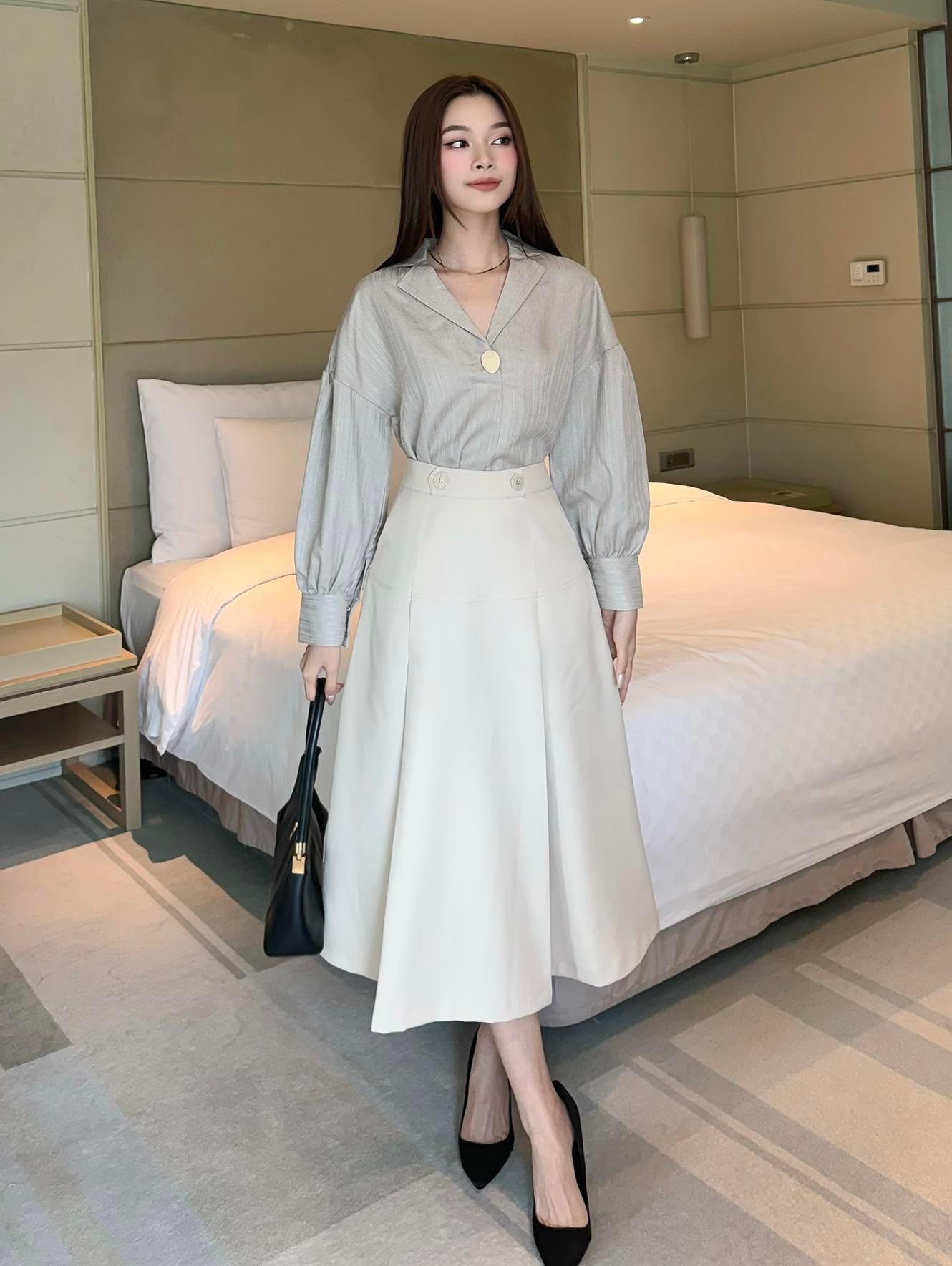 Áo sơ mi tay dài nhún phồng - A3642