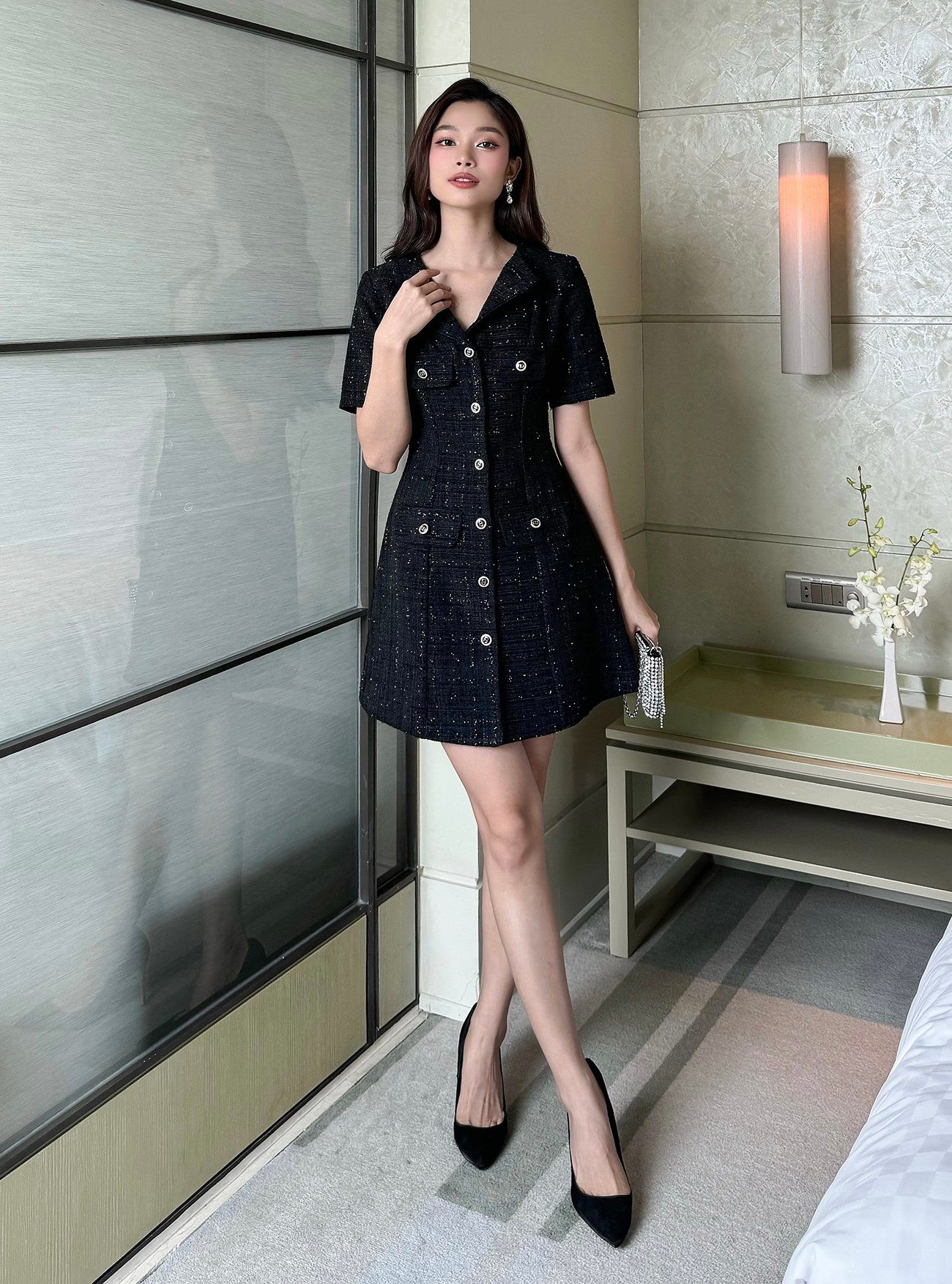 Đầm sơ mi tay ngắn phối nút - D2941