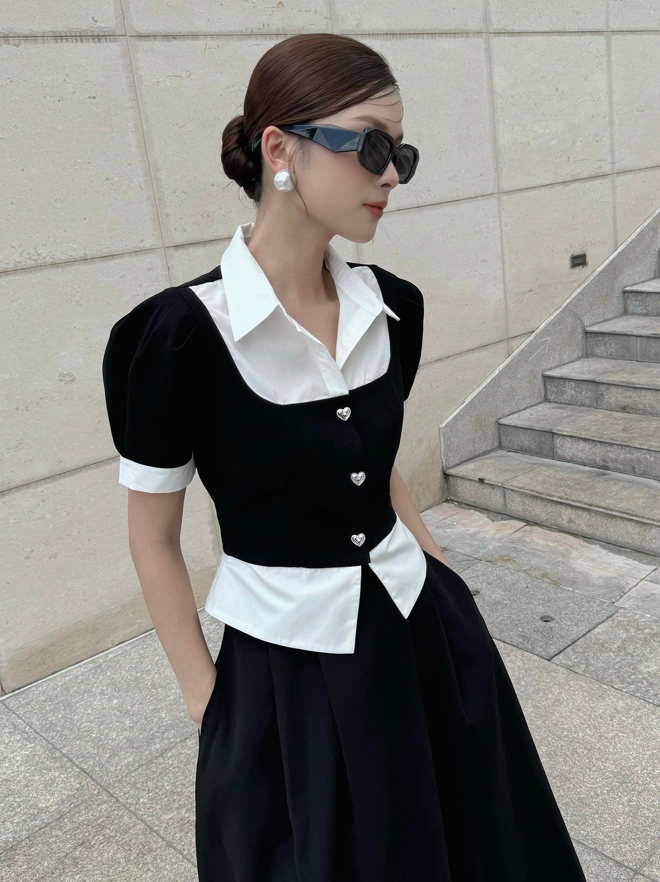 Áo kiểu công sở cotton phối sọc A3773A