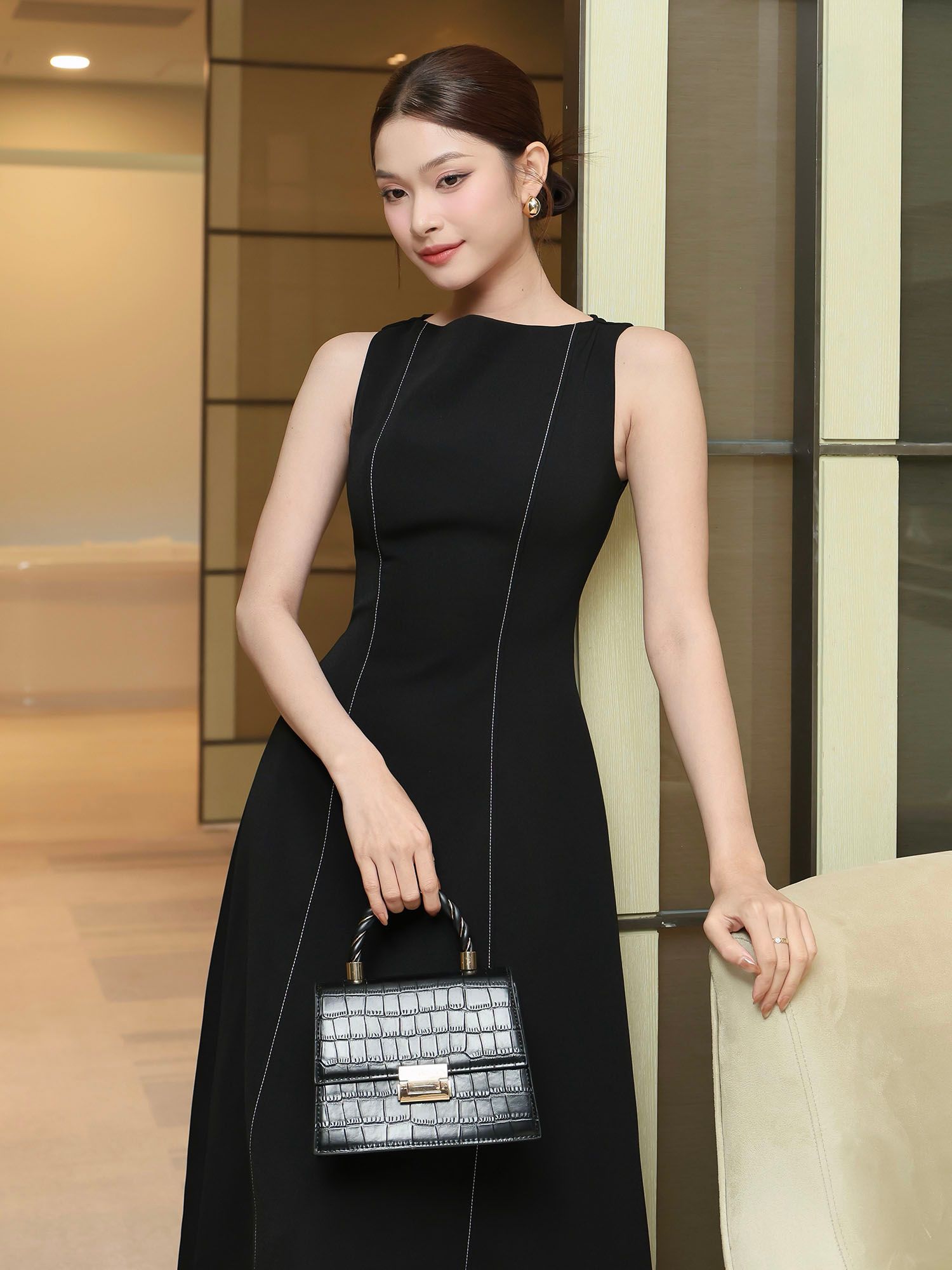 Đầm xoè tiệc dài cotton cổ thuyền D4331A