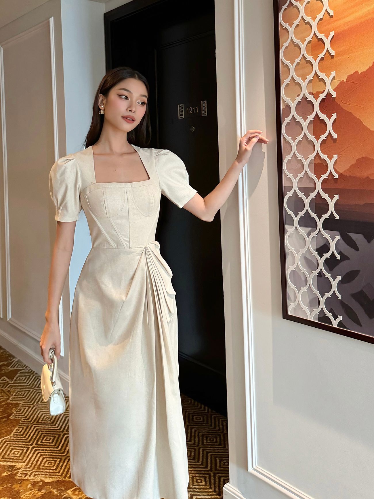 Đầm linen tay phồng cúp ngực xếp kiểu-D3008