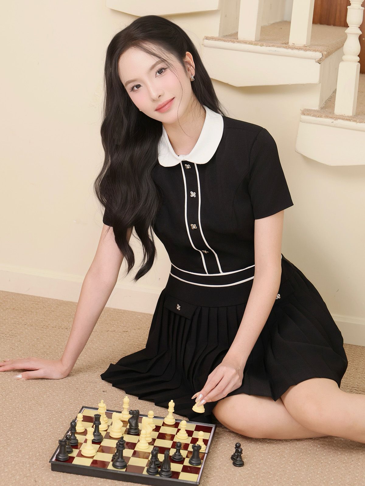 Đầm xoè dạo phố ngắn cổ lá sen D4427A