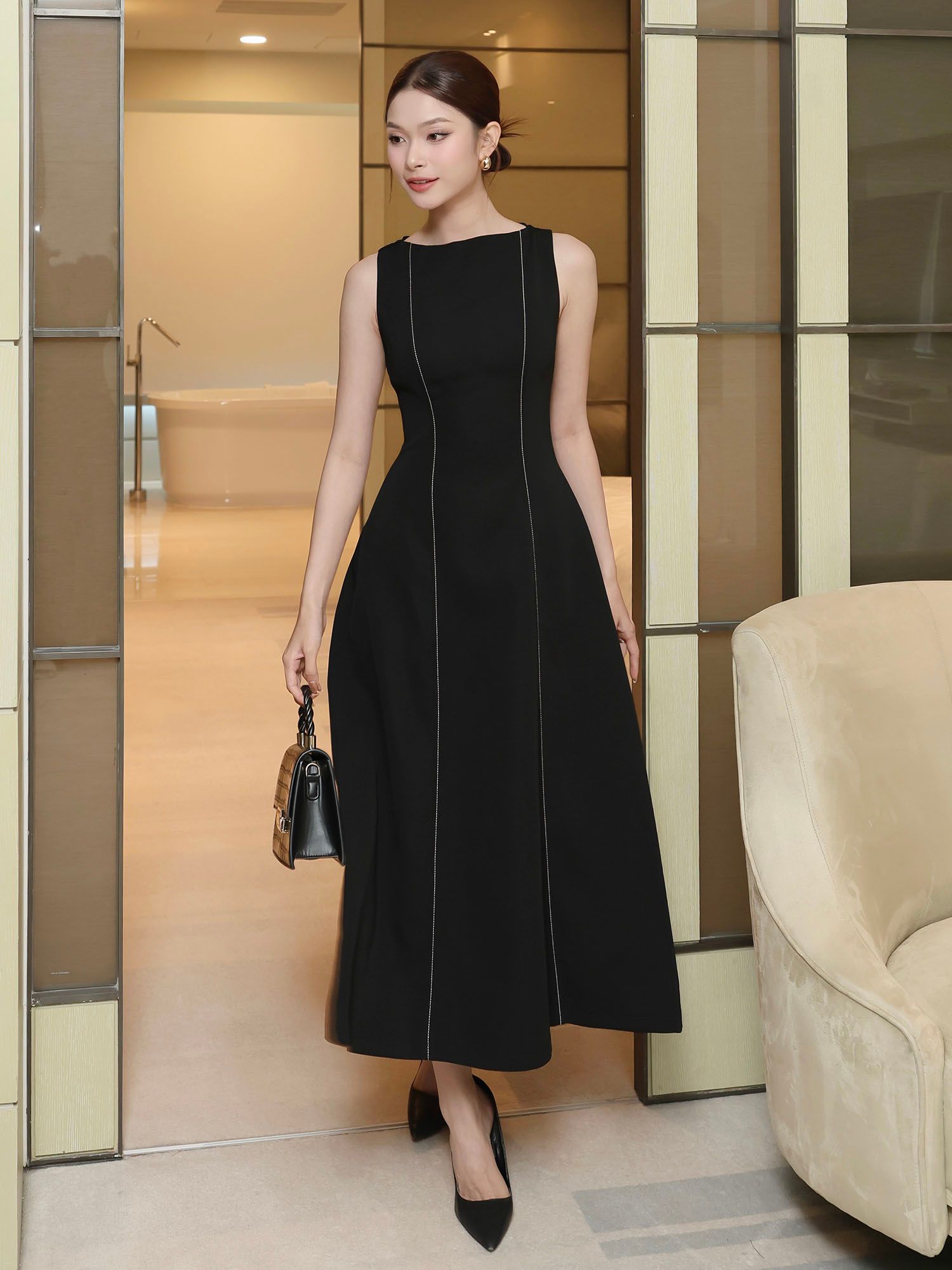 Đầm xoè tiệc dài cotton cổ thuyền D4331A