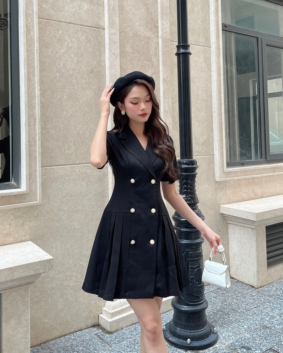 Đầm sơ mi cổ vest xếp ly-D2404