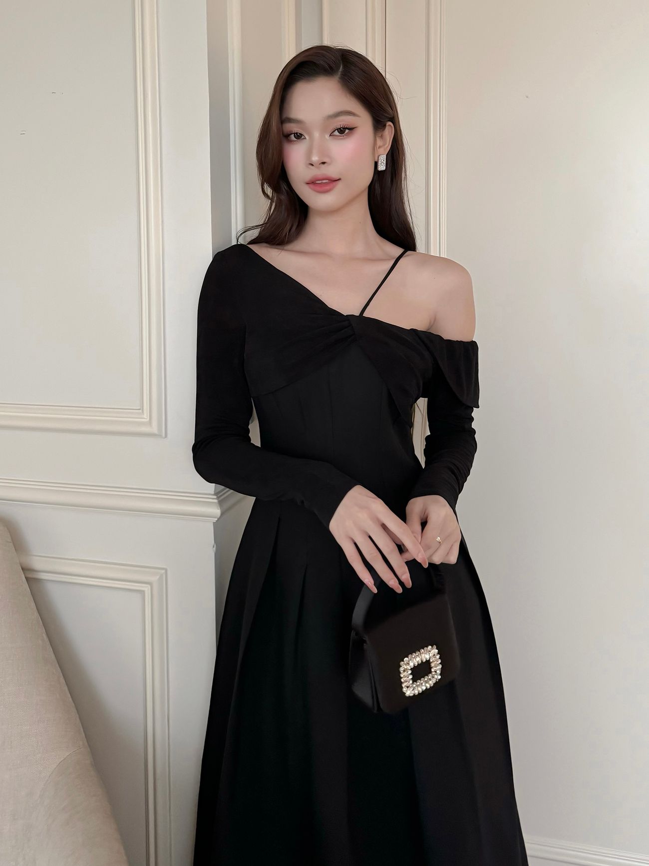 Đầm dài vai xéo xếp nhún ngực - D4005T