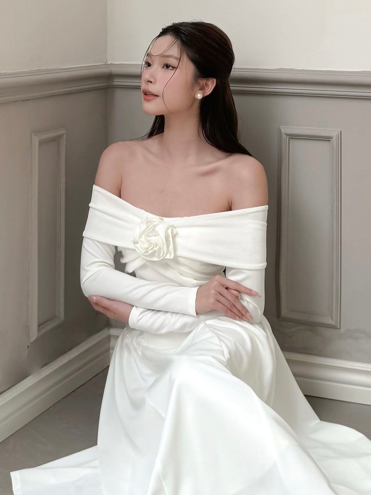 Đầm dài dự tiệc kết hoa vải - D4043B