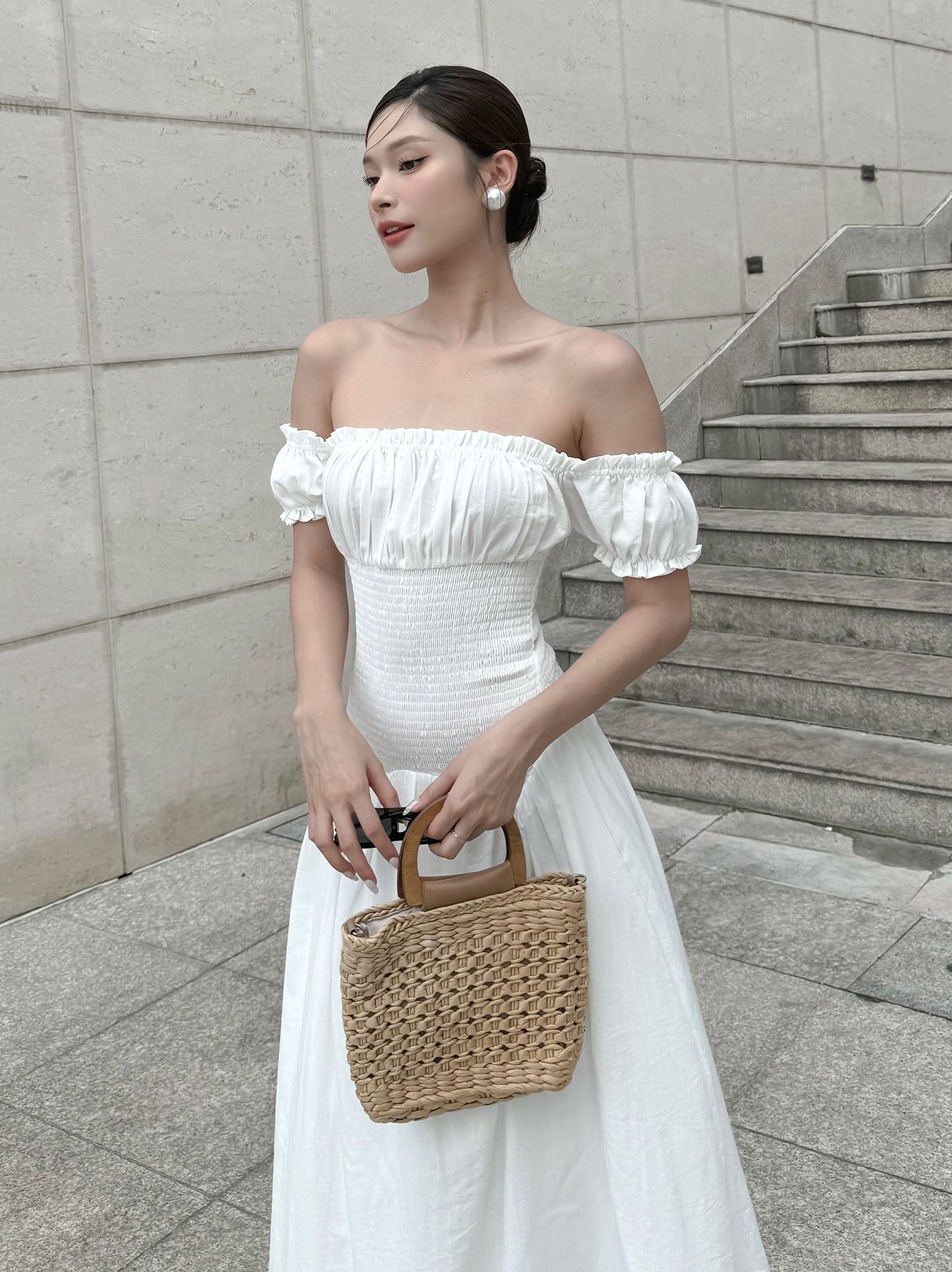 Đầm dài hè xòe nhún thun trễ vai-D3770Q