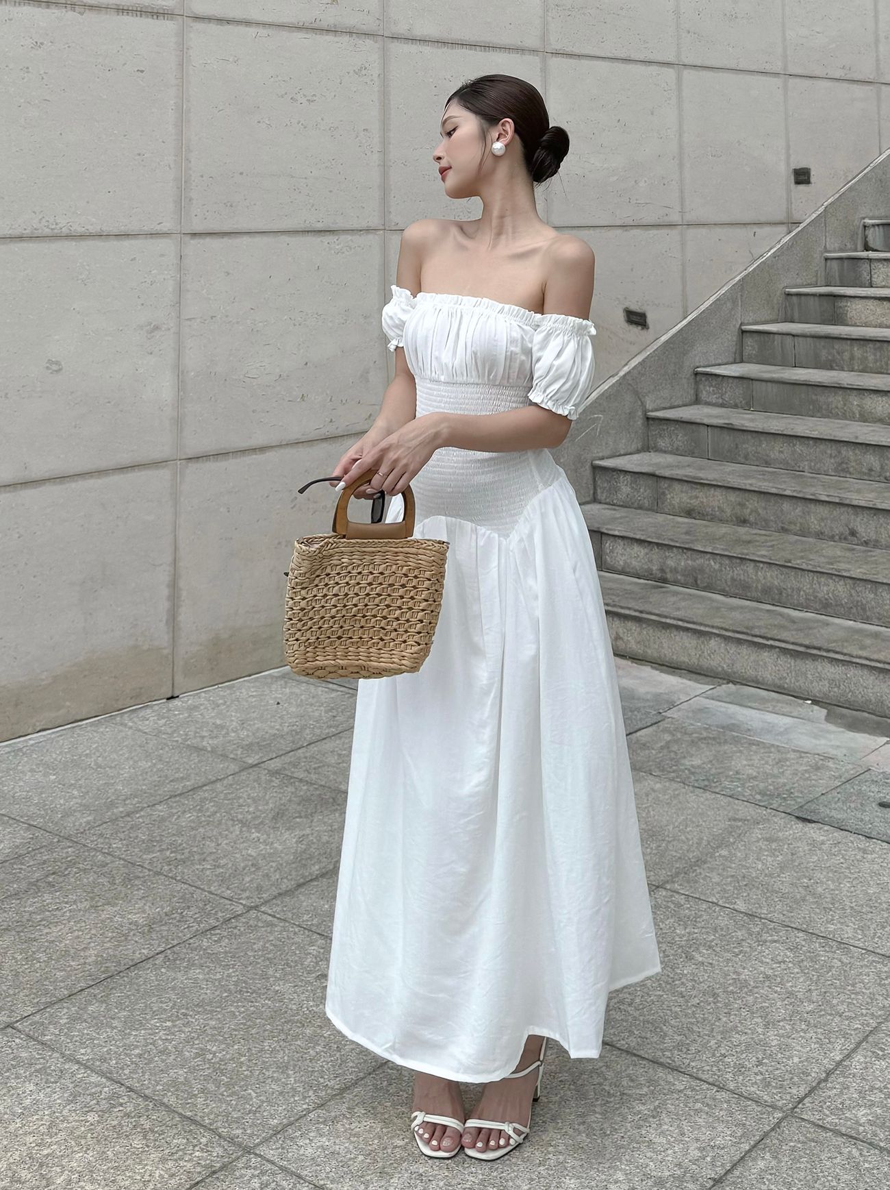 Đầm dài hè xòe nhún thun trễ vai-D3770Q