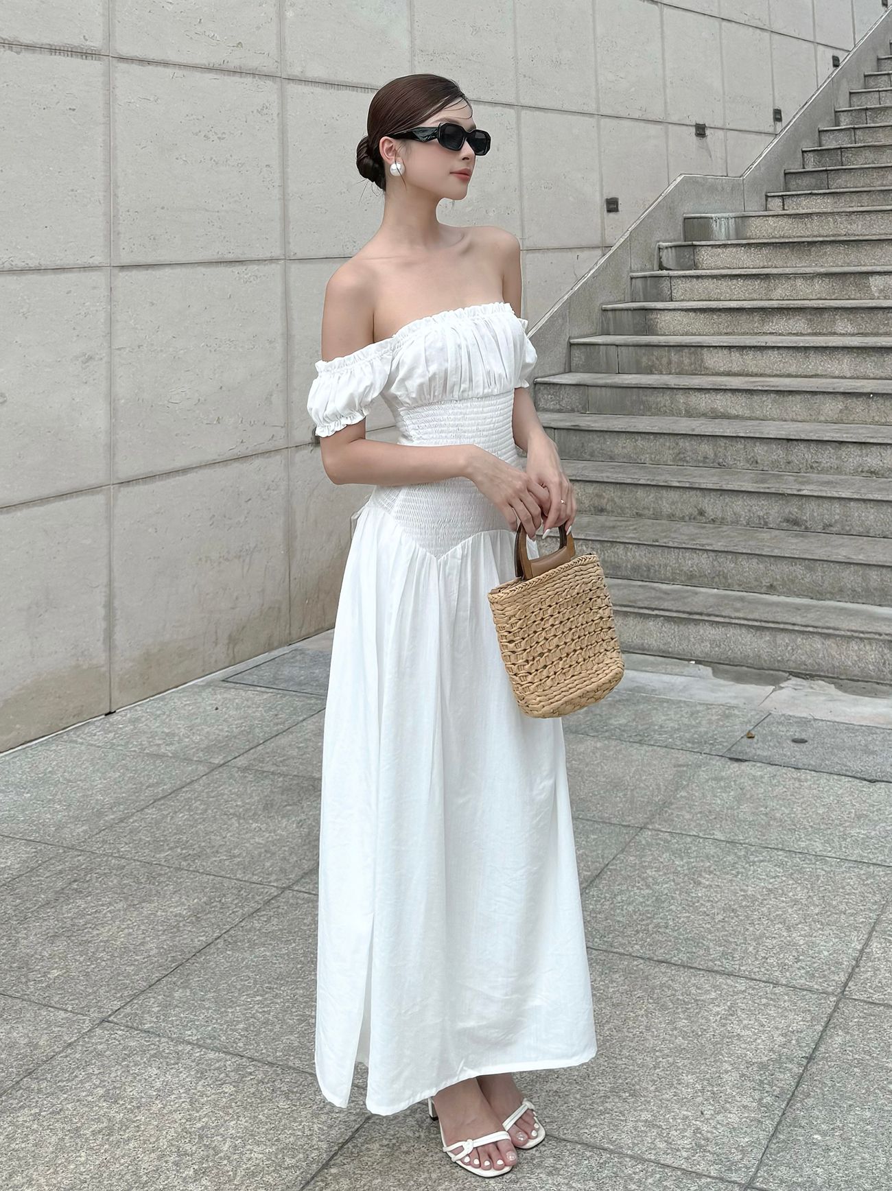 Đầm dài hè xòe nhún thun trễ vai-D3770Q