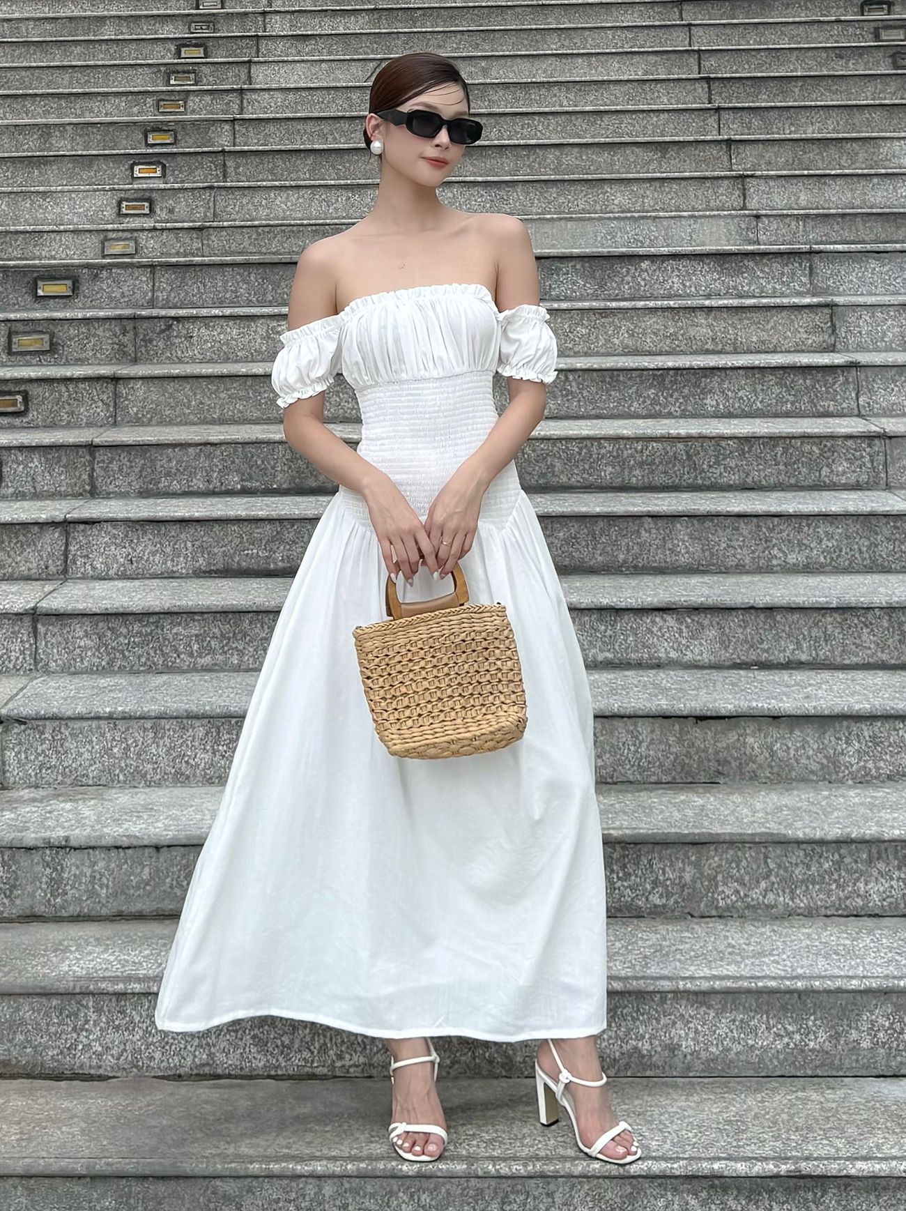 Đầm dài hè xòe nhún thun trễ vai-D3770Q