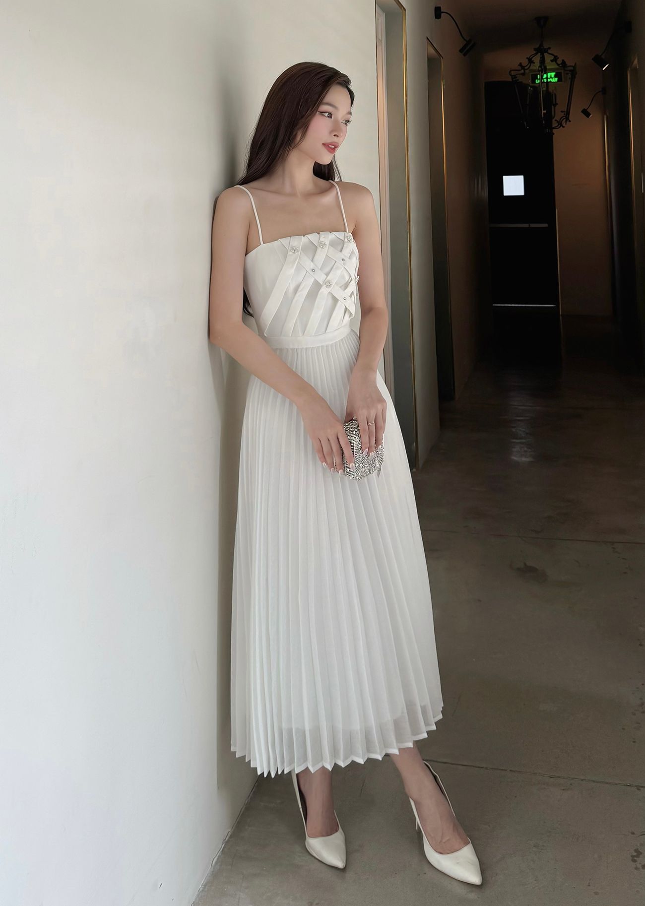 Đầm dài 2 dây đan ngực xếp ly - D3405