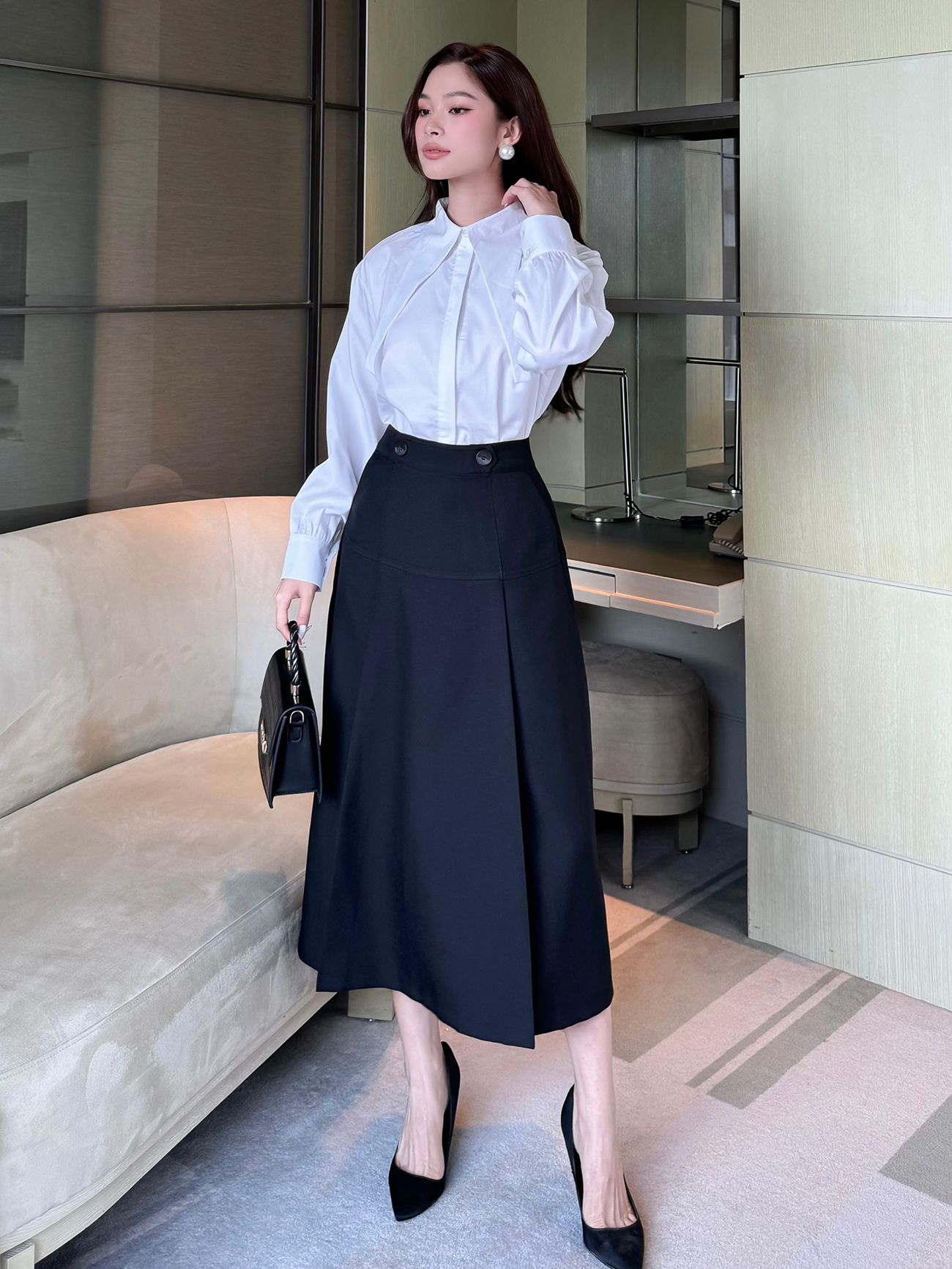 Chân váy dài công sở xòe viền - V3544